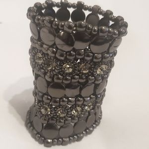 Boho Vintage Silver Tone Black Beaded and Bejeweled Stretch Goth Cuff Bracelet